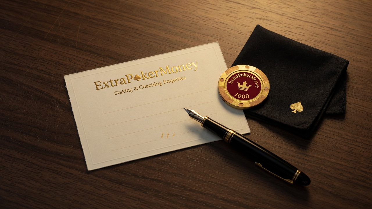 An enquiry notecard headed with the ExtraPokerMoney name, a fountain pen, and a chip on a wooden desk
